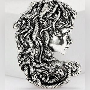 Greek Mythology Medusa Brooch, Silver Tone, Easy pin, Snake Engraved det…